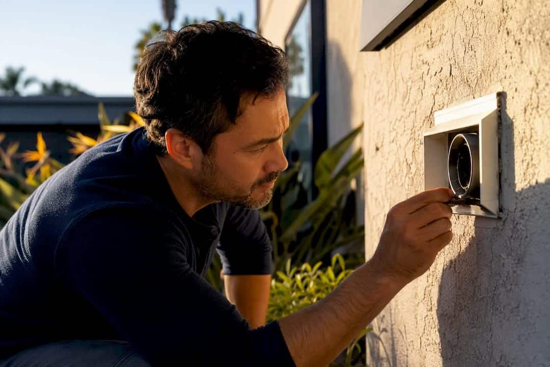 Homeowner inspecting exterior heater vent