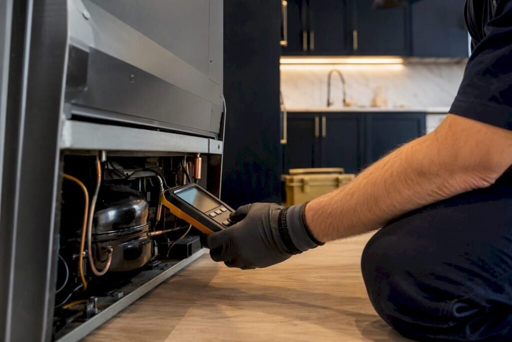 Technician inspecting refrigerator repair components