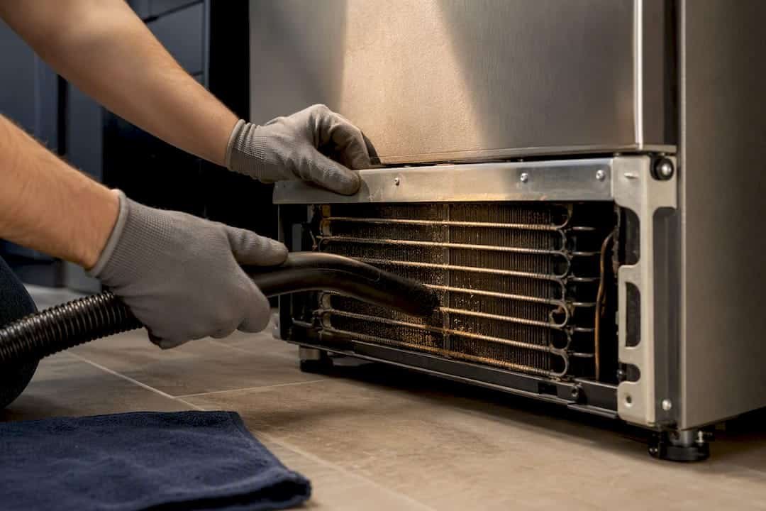 Hands cleaning refrigerator condenser coils
