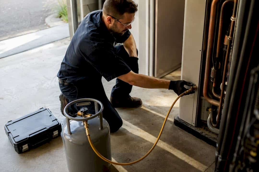 Technician recovering refrigerant from old AC