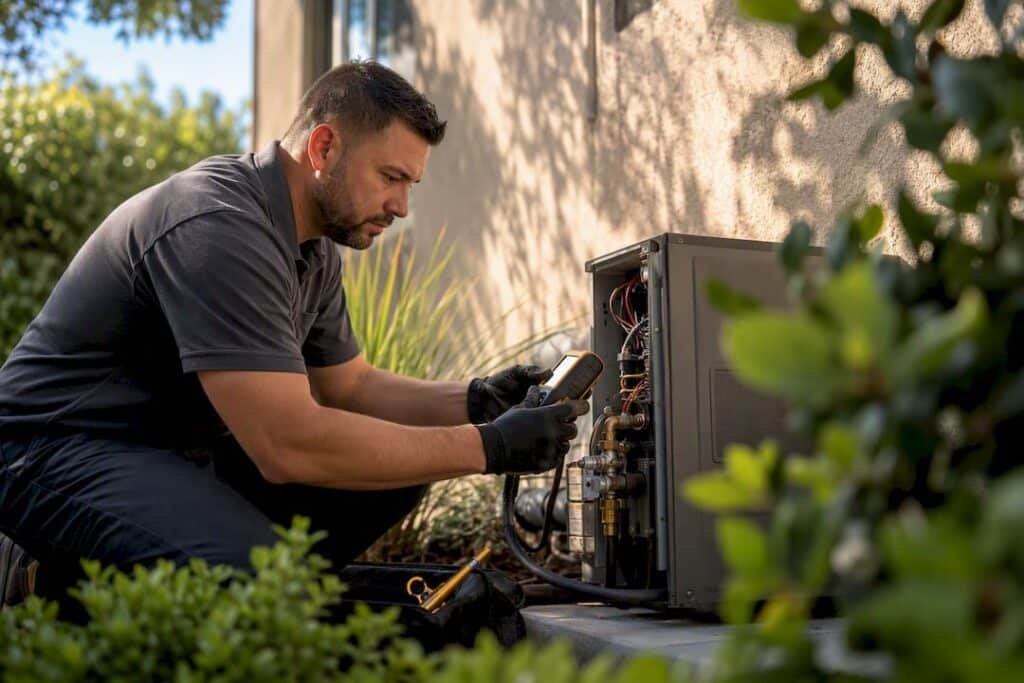 Technician inspecting an air conditioner condenser
