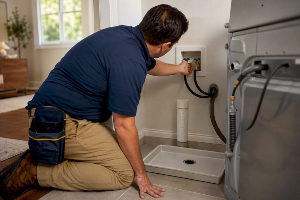 Technician inspecting washer installation connections