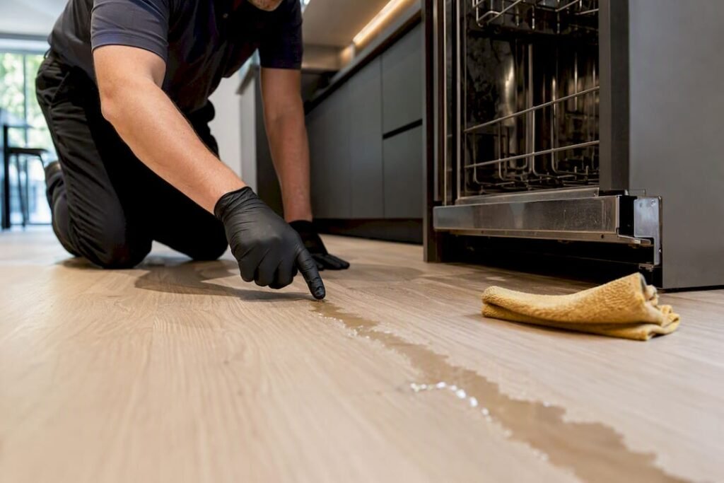 Water emerging beneath an open dishwasher