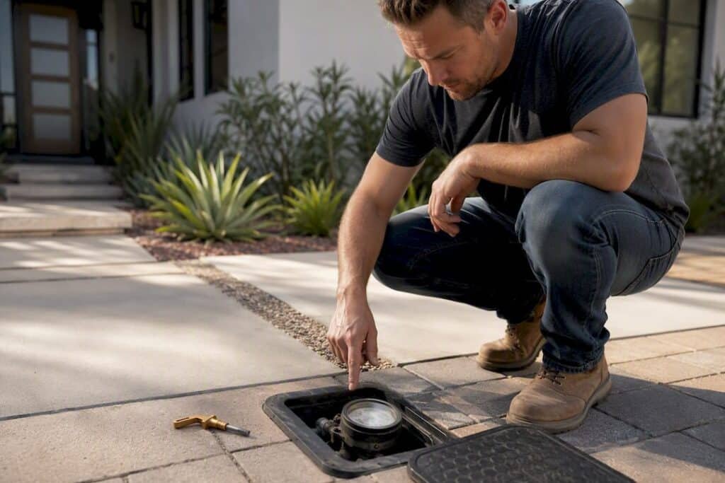 Homeowner checking residential water meter