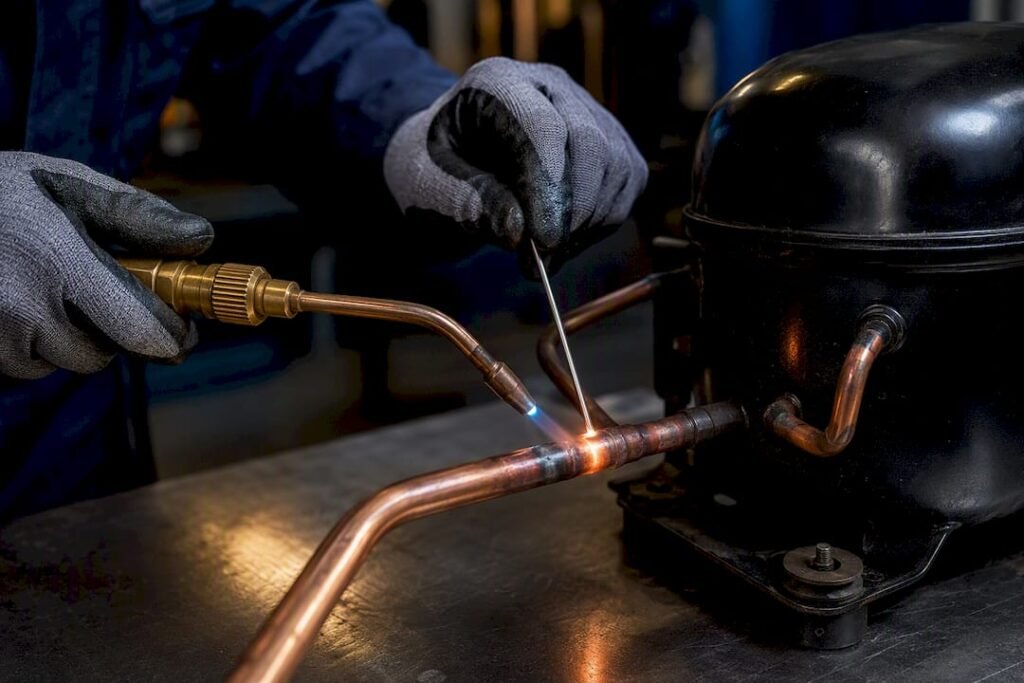 Technician brazing refrigerator compressor tubing