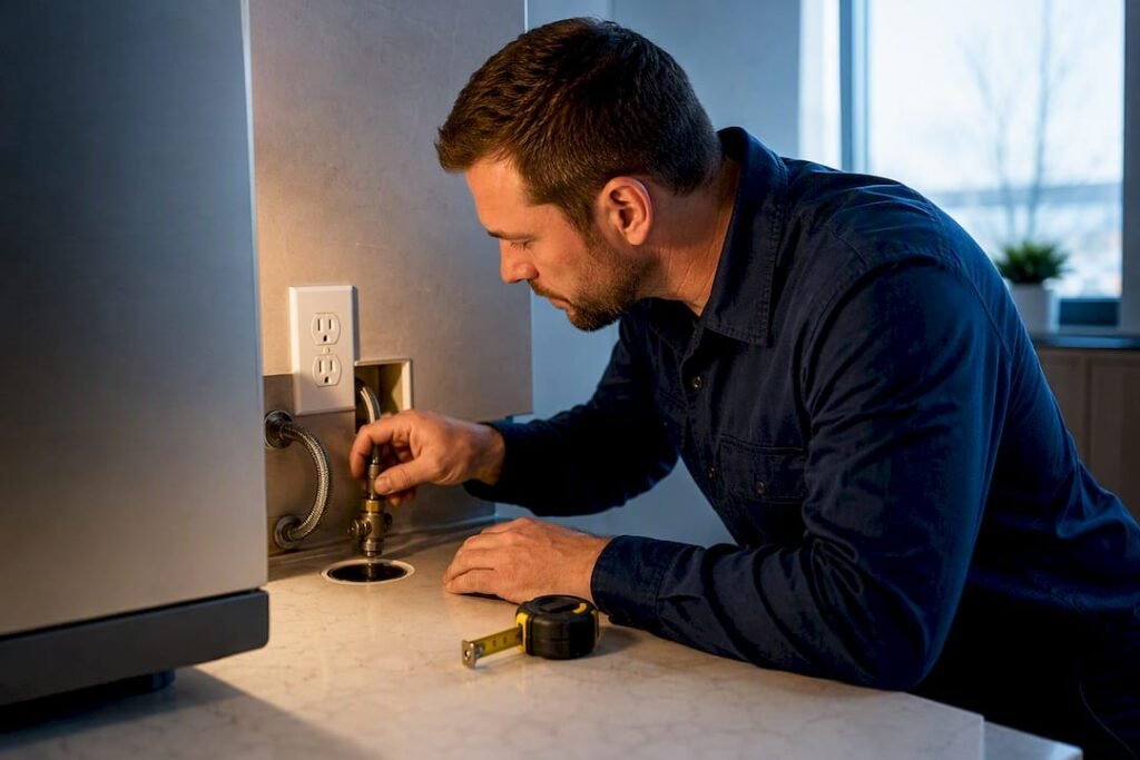 Technician inspecting ice machine installation connections