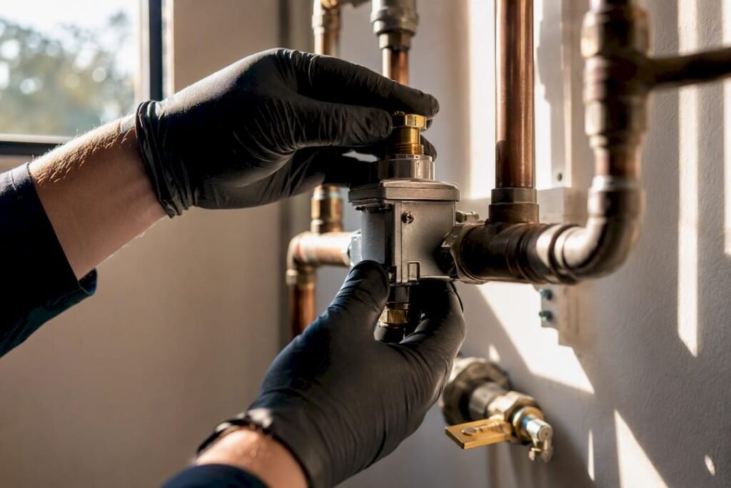 Technician inspecting seismic gas shutoff valve