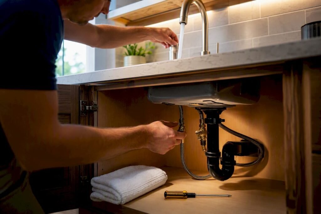 Homeowner checking kitchen sink plumbing for leaks