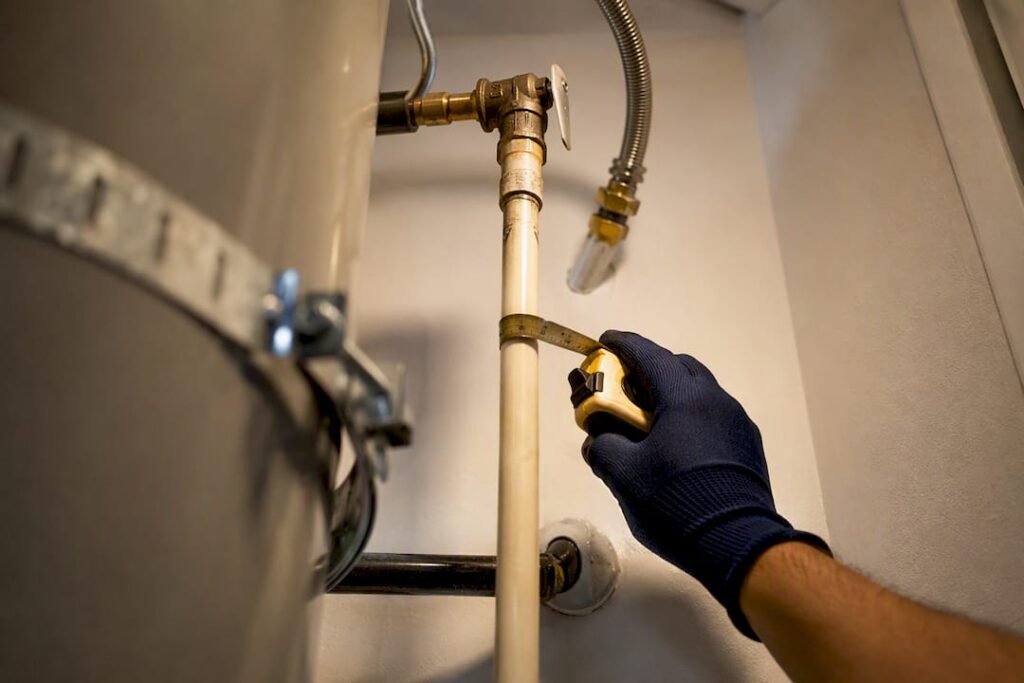 Technician inspecting water heater safety connections