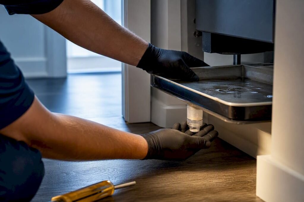 Technician inspecting home AC condensate drainage