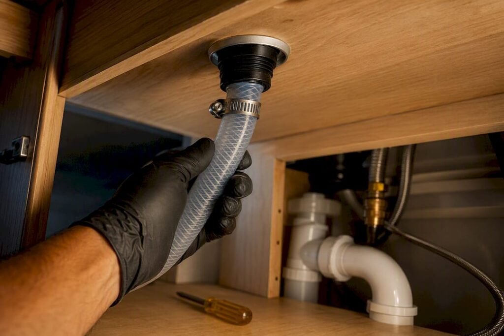 Plumber routing dishwasher hose through air gap