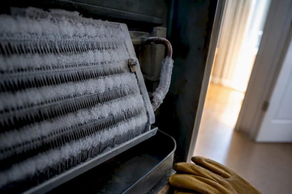 Frost-covered AC coil in utility alcove