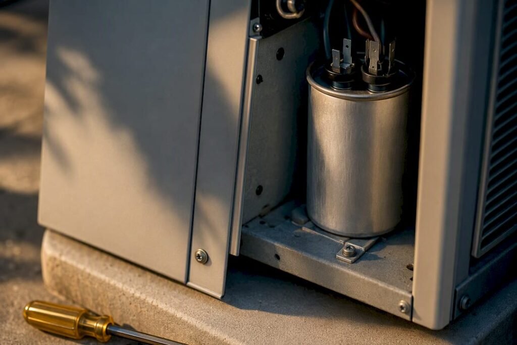 AC capacitor visible behind service panel