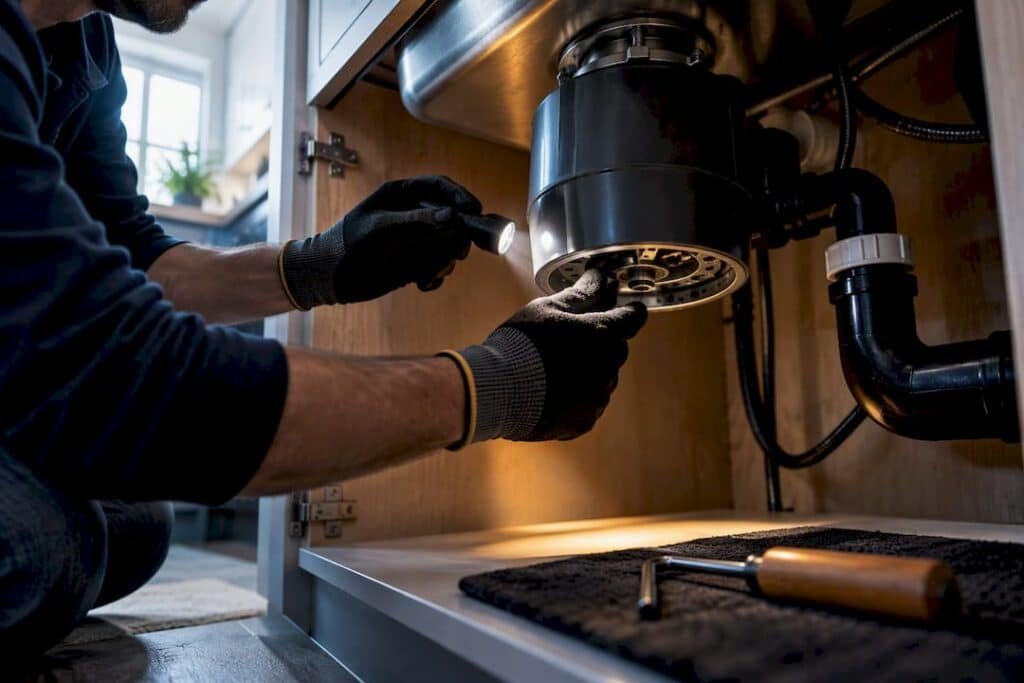 Gloved hand inspecting jammed disposal underside