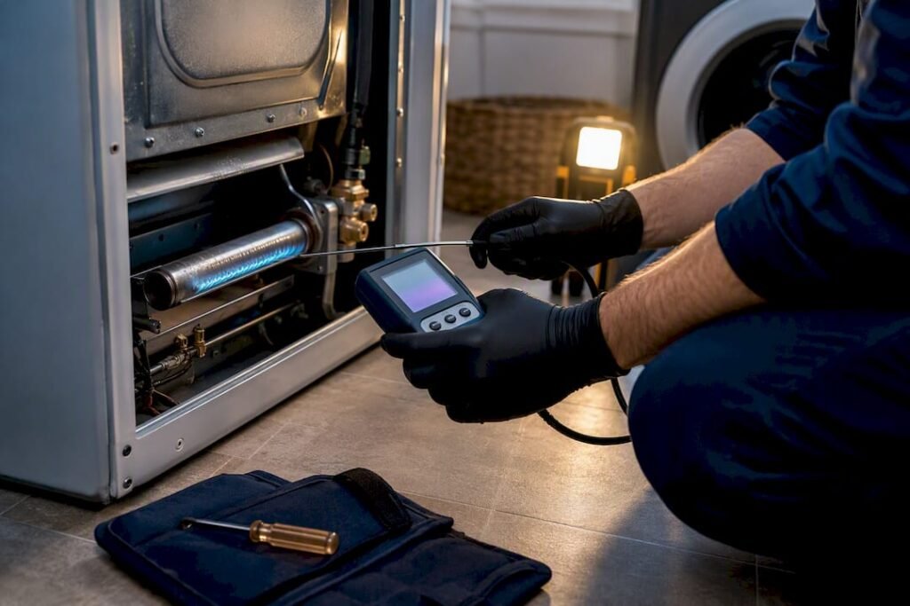 Technician checking gas dryer burner combustion
