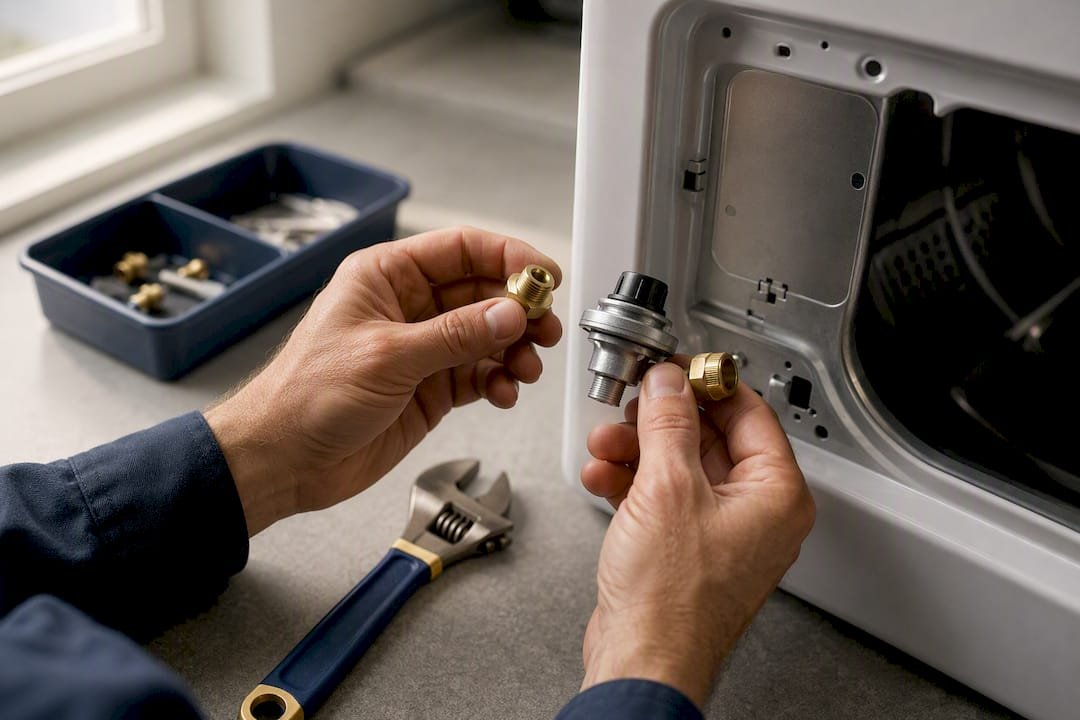 Technician matching dryer model plate to conversion parts