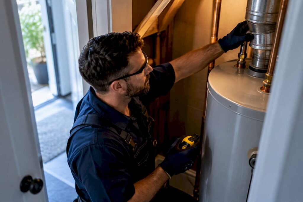 Technician inspecting anonymous water heater installation