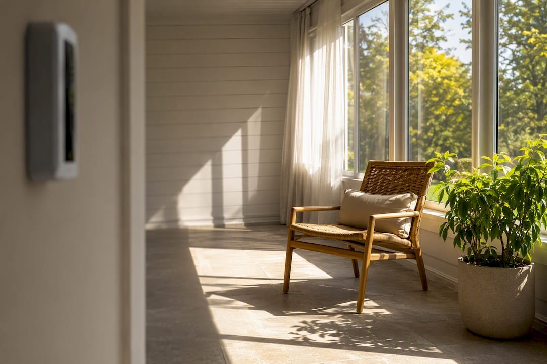 Sunlit sunroom with thermostat edge
