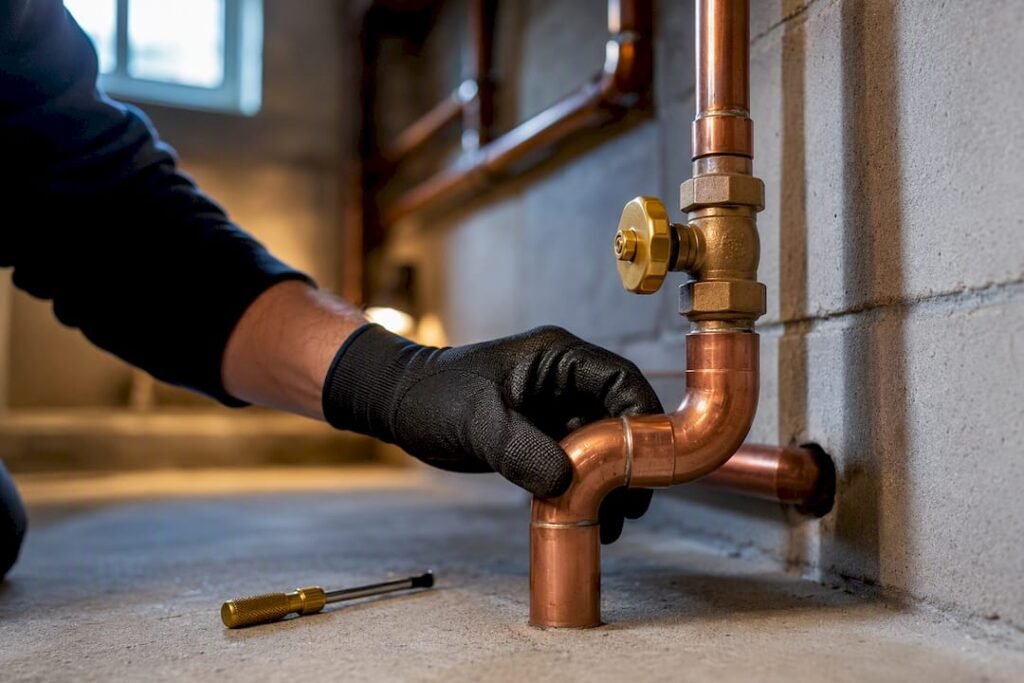 Plumber inspecting residential pipe elbow