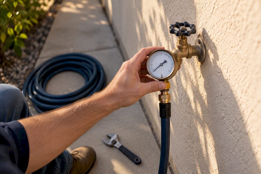 Pressure gauge attached to outdoor spigot