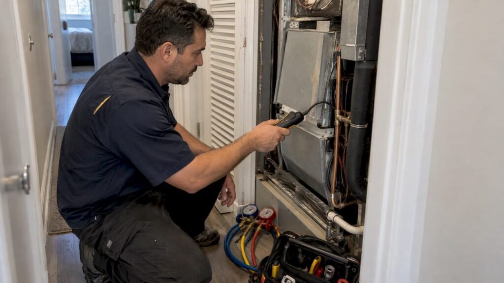 Technician inspecting residential AC refrigerant leak