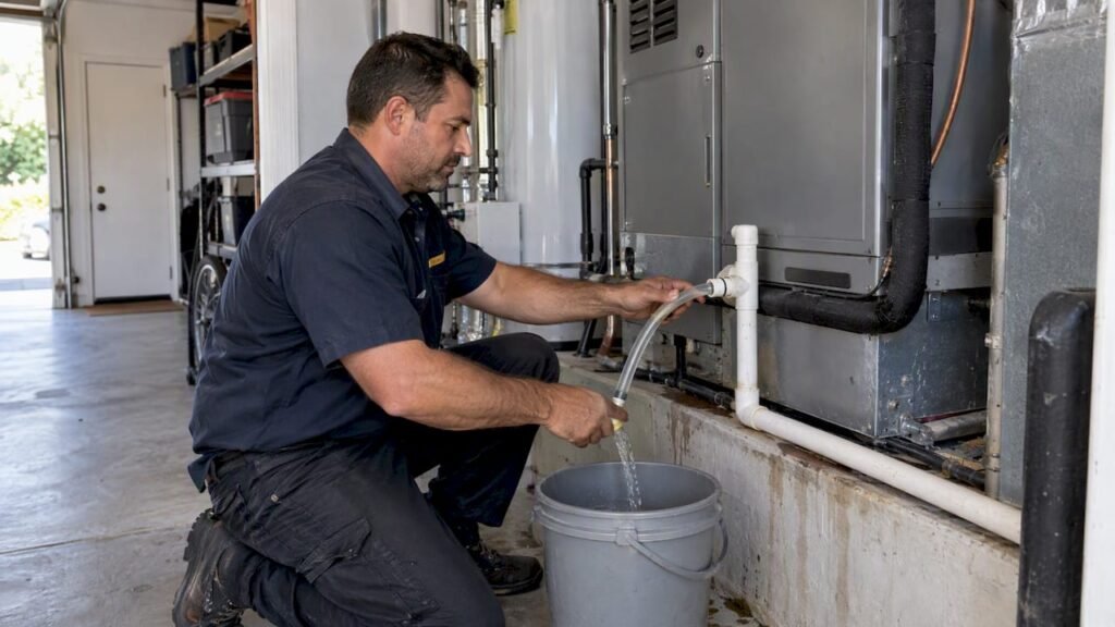 Technician flushing an HVAC condensate drain