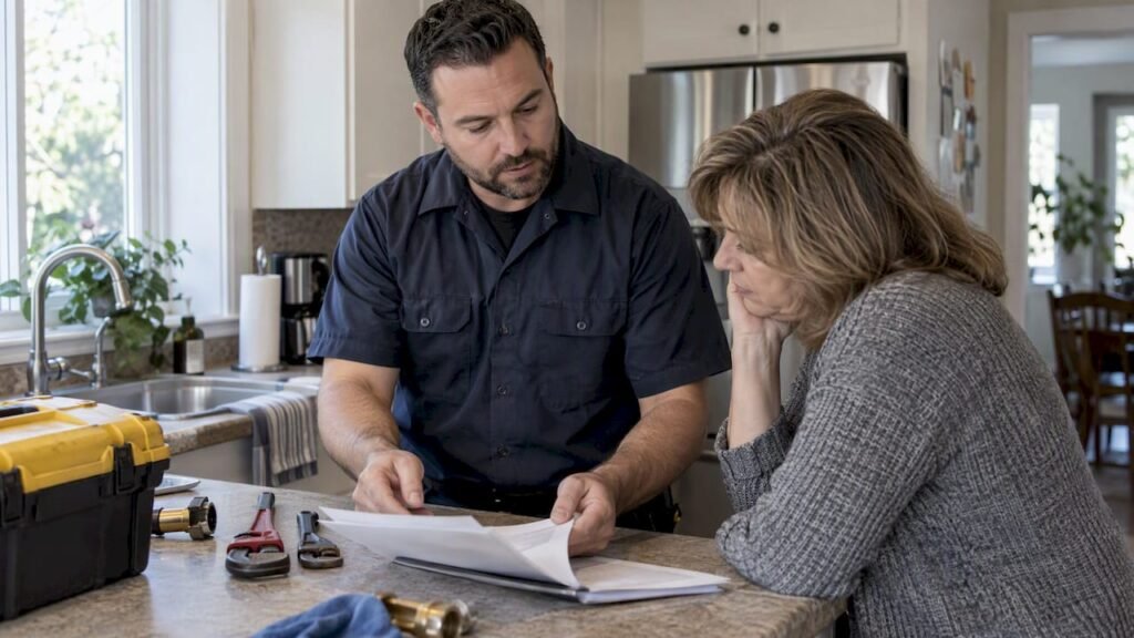 Plumber explaining emergency permit estimate to homeowner
