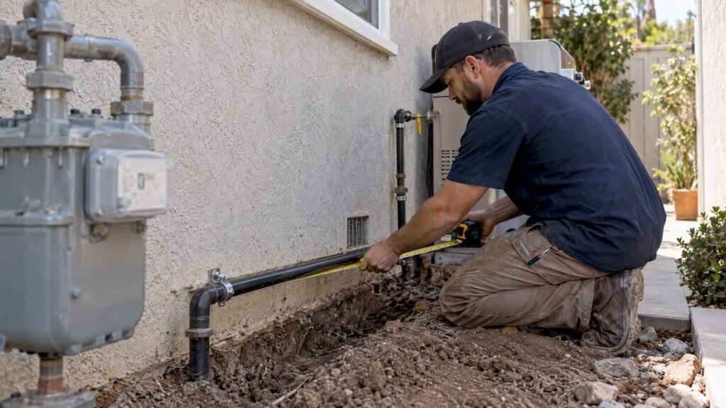 Technician measuring residential gas line route
