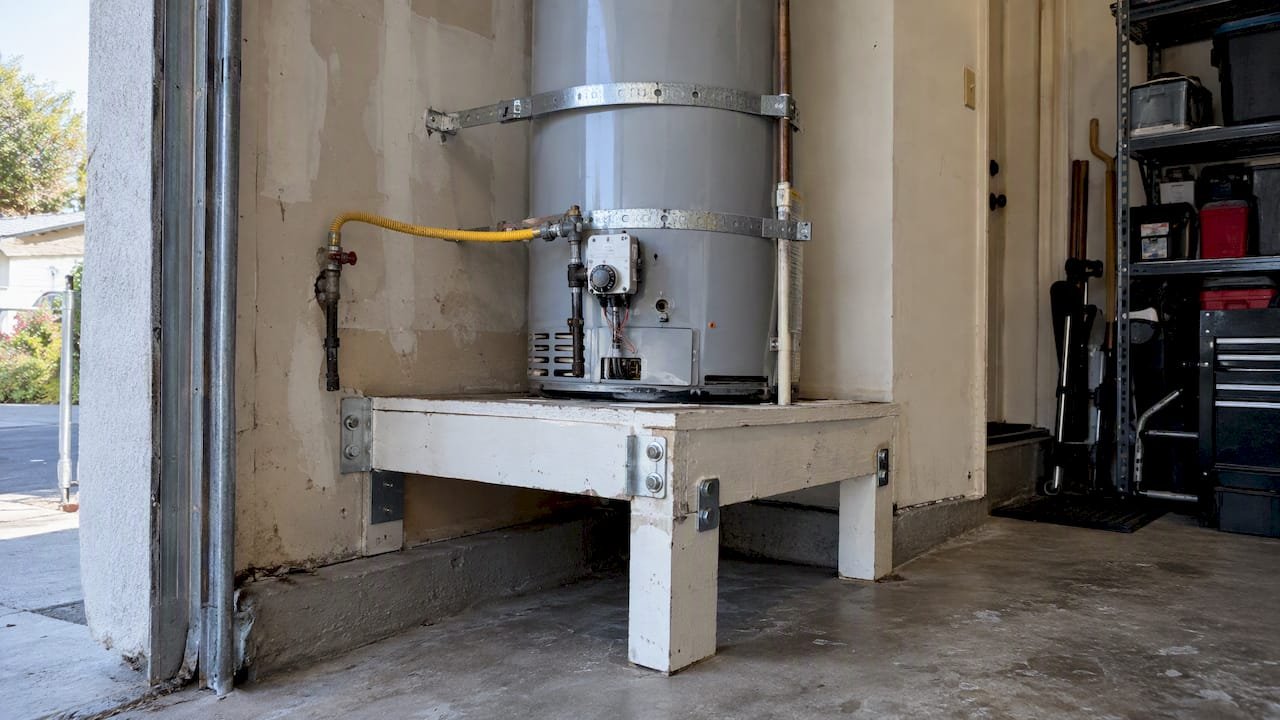 Gas water heater on secured raised platform
