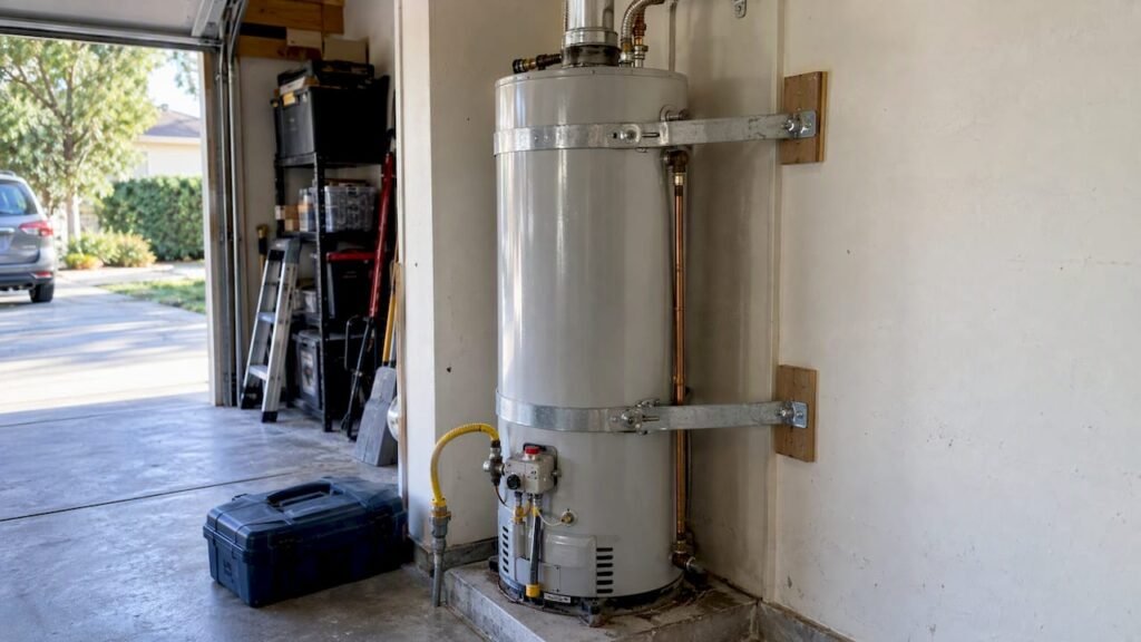 Residential water heater with two earthquake straps