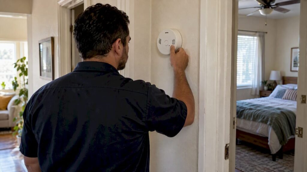 Technician inspecting a carbon monoxide detector