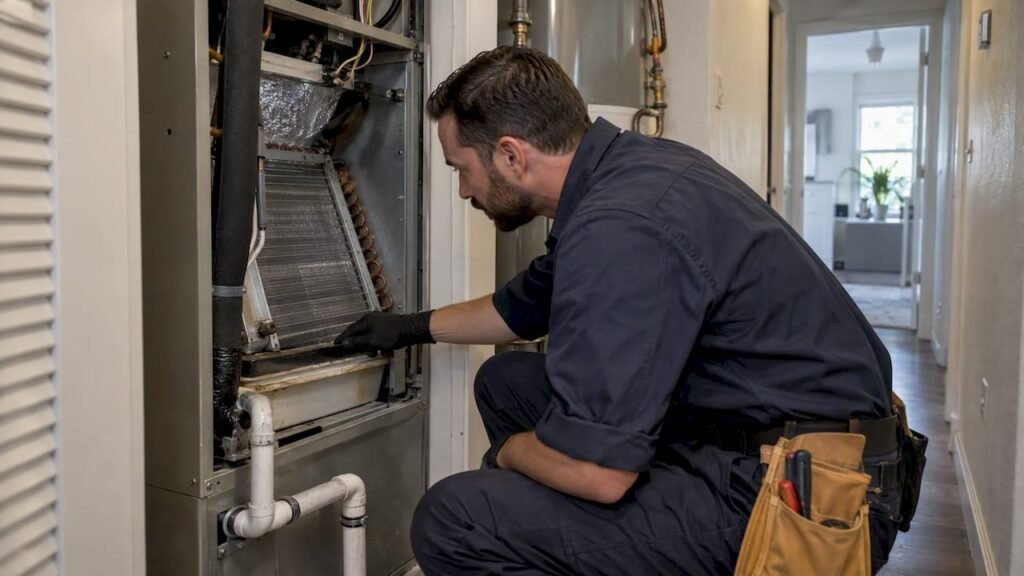 Technician inspecting AC condensate pan