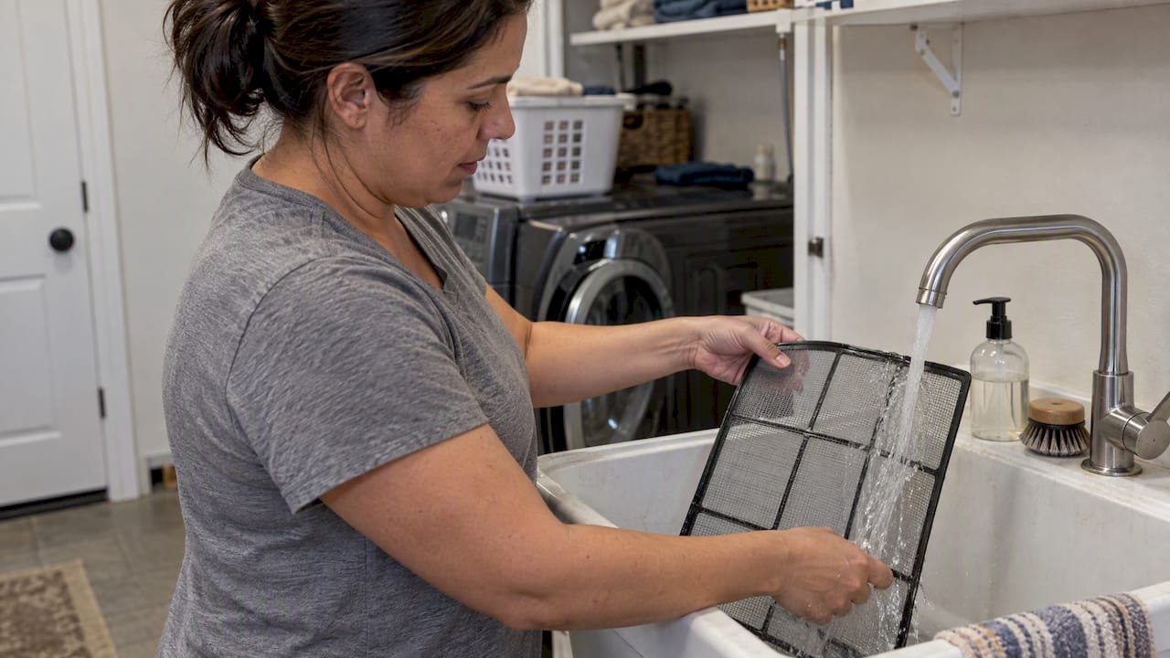 Homeowner rinsing a mini-split mesh filter