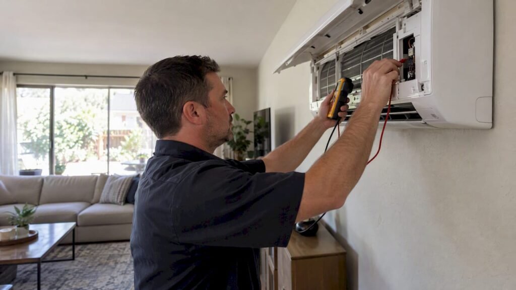 Technician inspecting a wall-mounted mini-split