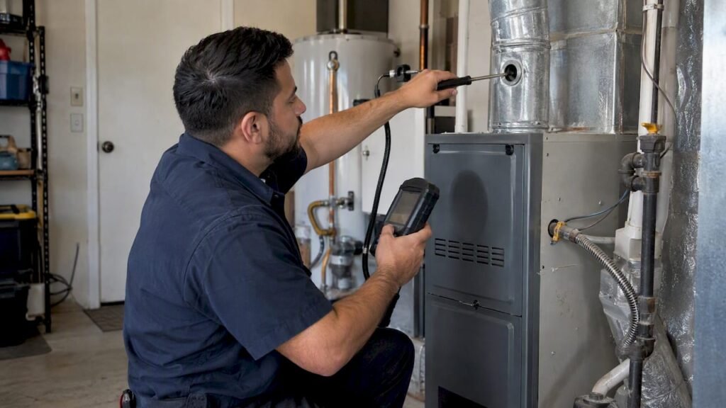 Technician testing a residential gas furnace